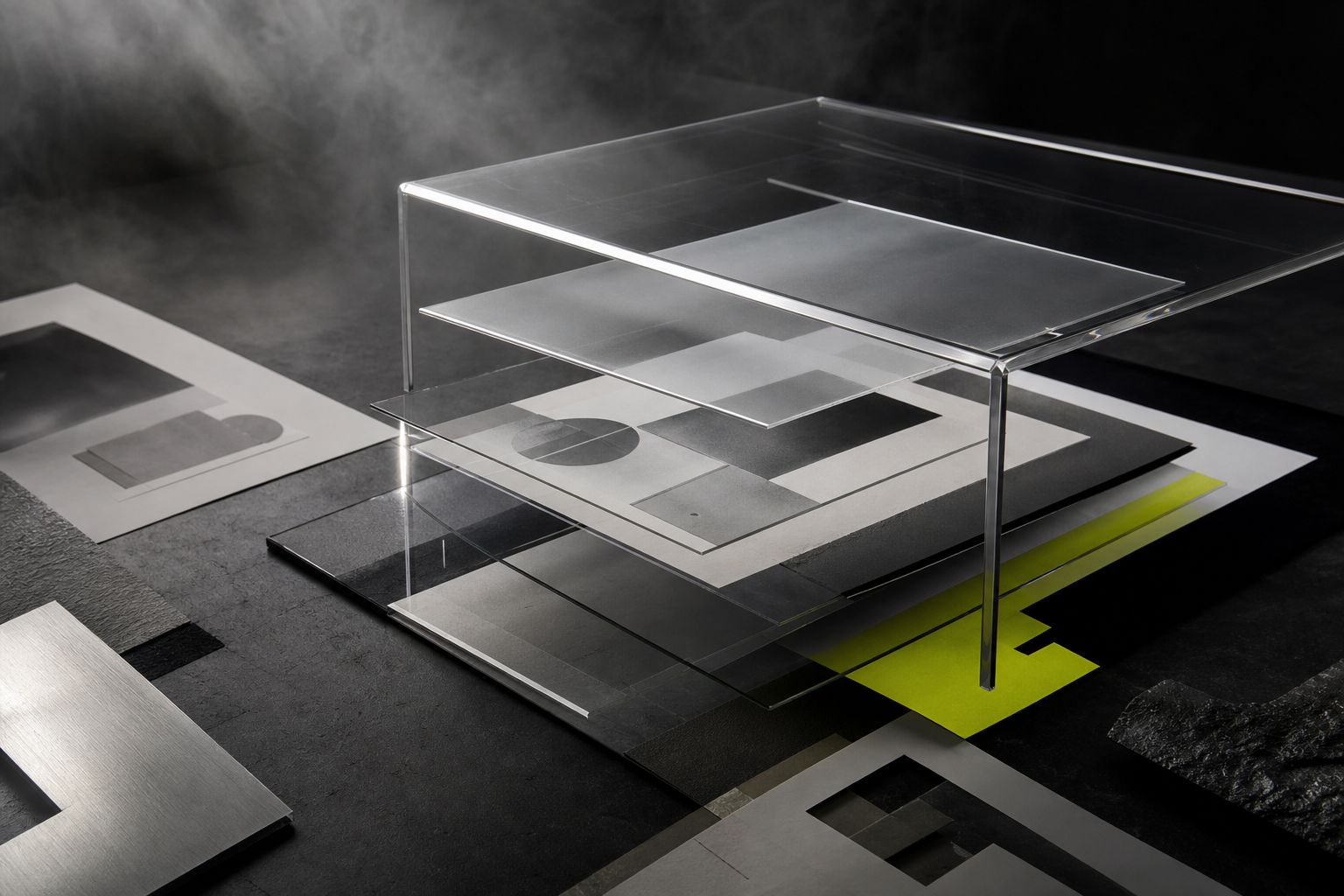 Chrome and acrylic web layouts arranged on a dark studio table